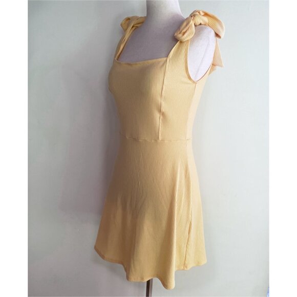 EUC Reformation Liz Tie Shoulder Bow Tied Yellow Ribbed Stretch Knit Mini Dress - Picture 5 of 11